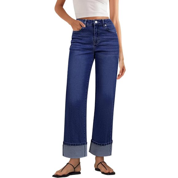Wide Leg Denim Jeans Women High Waisted Cuffed Stretchy Casual Pants - Picture 1 of 6